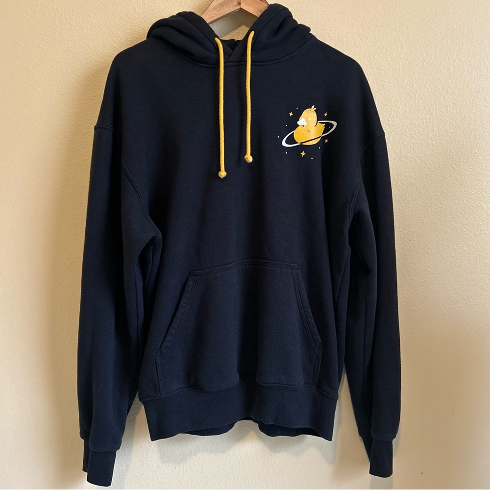 Five Hills Quackity Planet Duck Black Hoodie Size Large Logo Pockets Fleece